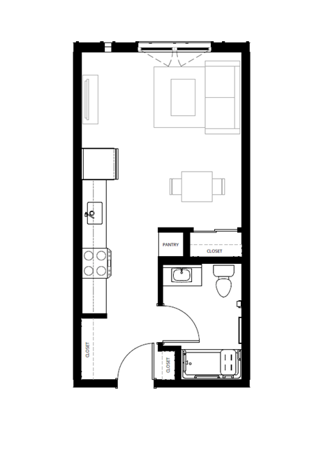 Floor plan for studio, 1 bath, 394 sqft